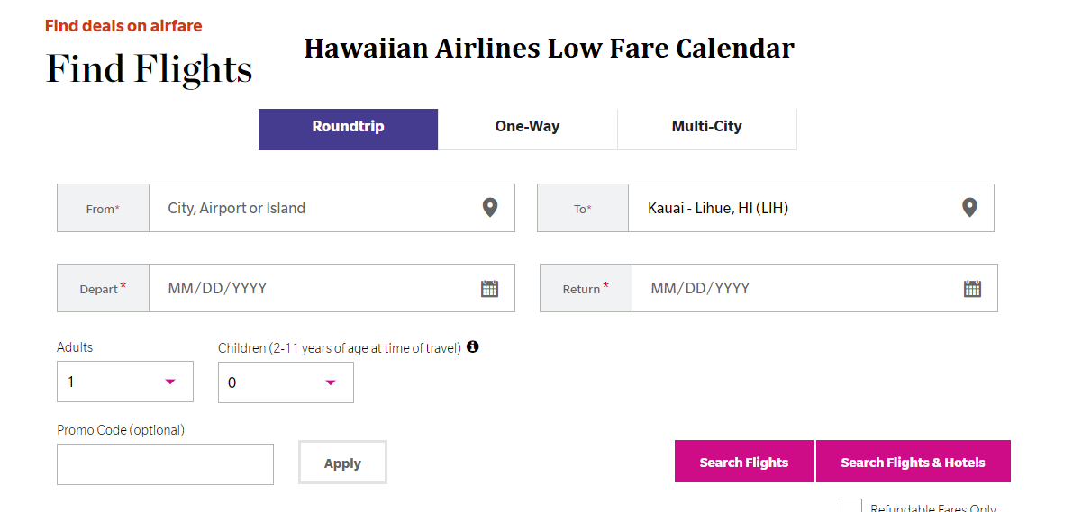 Hawaiian Airlines Low Fare Calendar